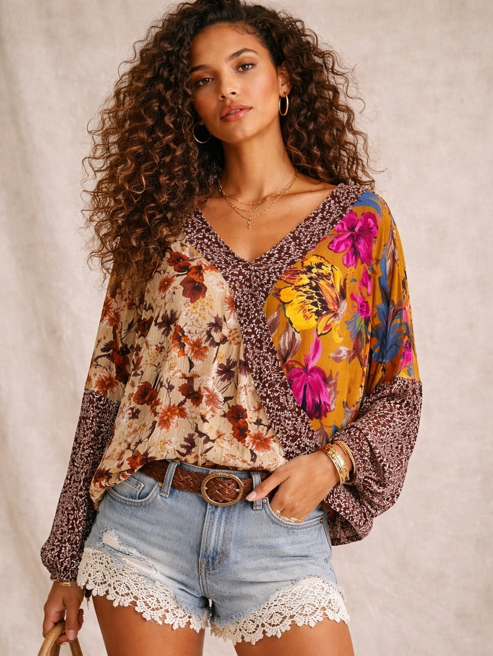 Umgee Boho Festival Mixed Print Faux Wrap Surplice Top Vintage Print Long Sleeve